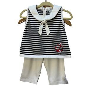 Kissy Kissy Nautical Sailor Outfit Baby 6-9 mos Stripe Anchor Fine Knit Pima EUC